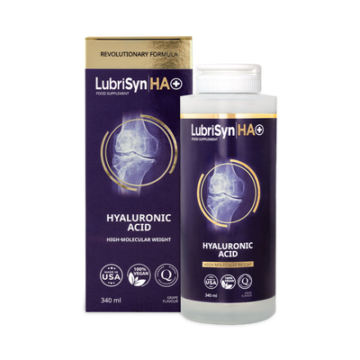 A bottle and box of LubriSyn HA+ Grape 340ml, a hyaluronic acid supplement with grape flavor, available at Fisa Health.