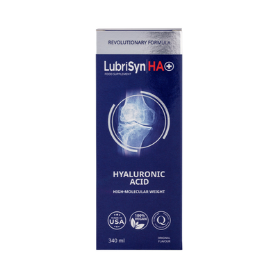 A blue box of LubriSyn HA+ Original 340ml, a USA-made vegan supplement featuring high molecular weight hyaluronic acid, available at Fisa Health.