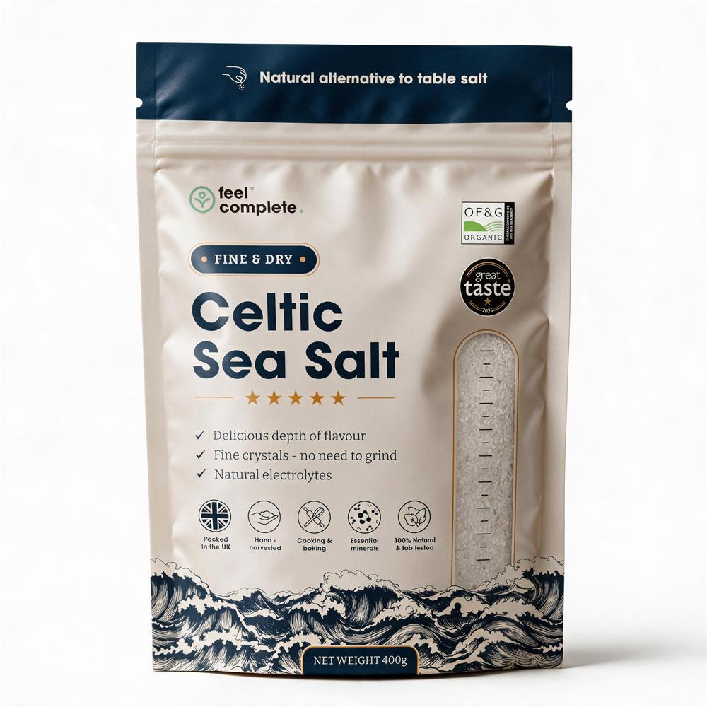 Feel Complete Organic Approved Celtic Sea Salt Fine & Dry 400g pouch, featuring fine sea salt with wave illustrations and product information, available at Fisa Health.