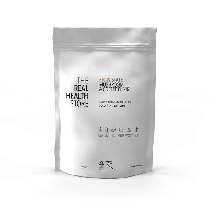 A white resealable pouch labeled Flow State Coffee Mushroom Nootropic Elixir (270g), featuring Altai Mountain shilajit and a minimalist design, available at Fisa Health.