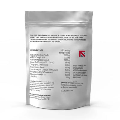 A white resealable pouch of Flow State Coffee Mushroom Nootropic Elixir (270g) displays supplement facts and ingredients such as Arabica coffee, MCT, adaptogens, and Altai Mountain shilajit, available at Fisa Health.