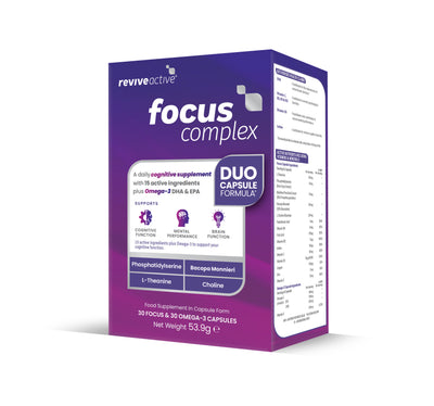 Revive Active Focus Complex pack containing 30 purple and white capsules with Omega-3 DHA & EPA on display, available at Fisa Health.