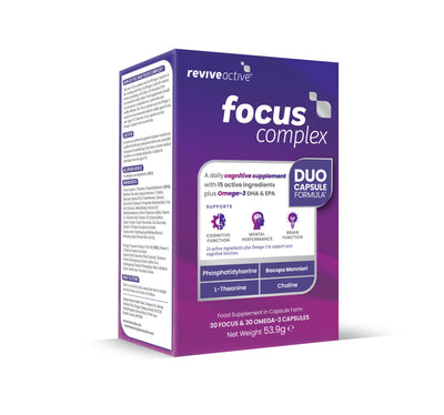 A purple and white box of Revive Active Focus Complex displays product branding and features key ingredients like Omega-3 DHA, available at Fisa Health.