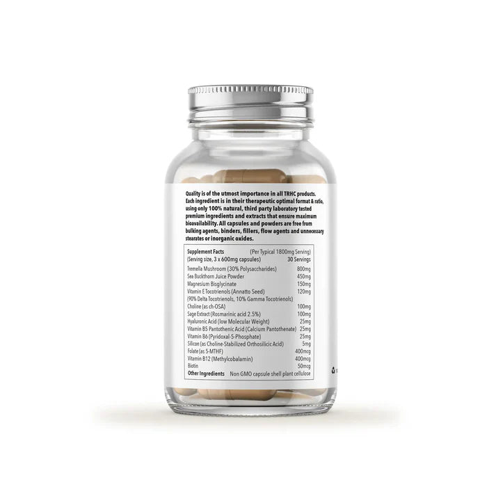 A clear bottle with a silver lid labeled Fountain Of Youth - Collagen Building Formula, 90 capsules, features plant-based extracts, available at Fisa Health.