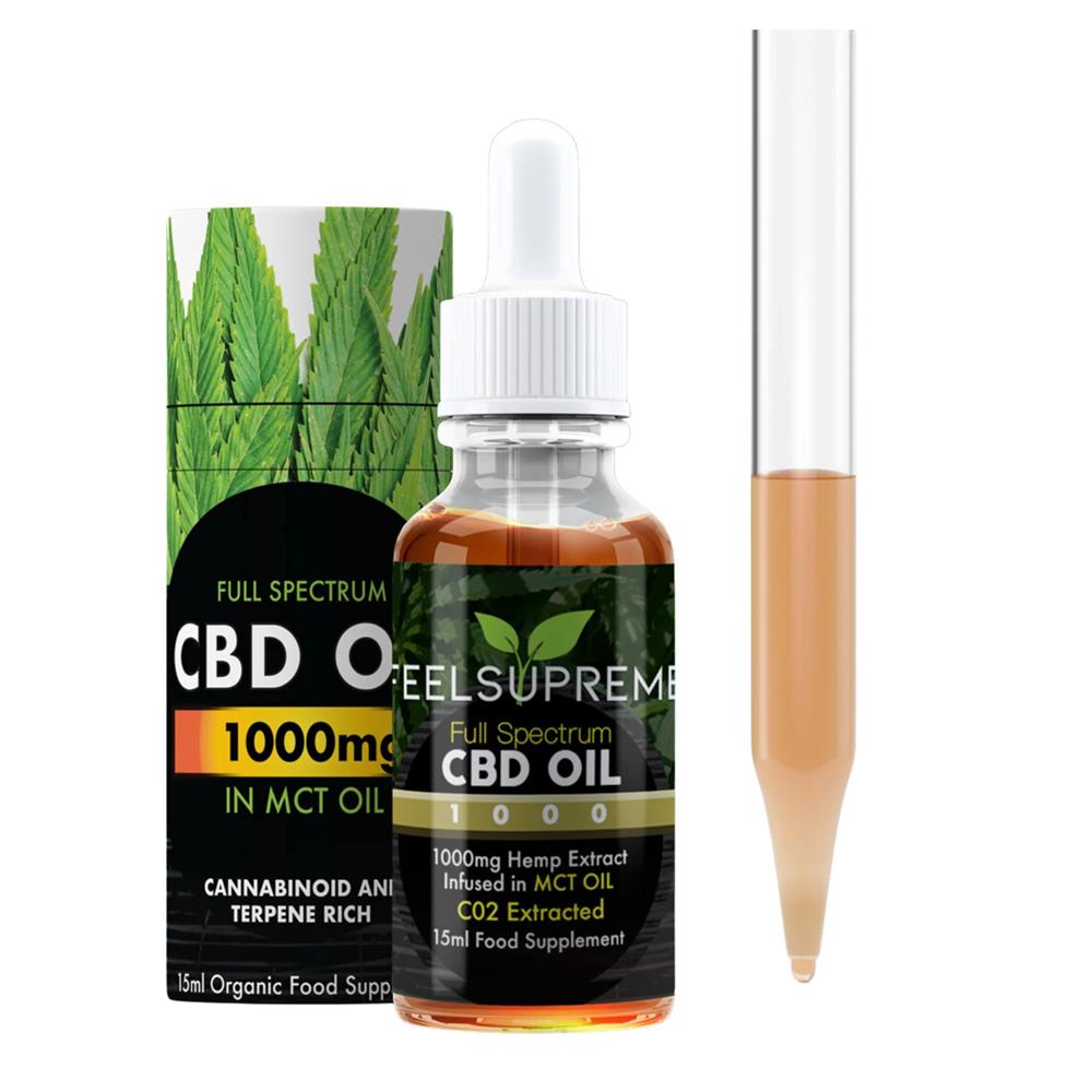 Feel Supreme Full Spectrum CBD Oil 15ml 1000mg bottle displayed with dropper and pipette; box has a green leaf pattern, available at Fisa Health.