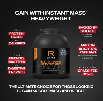 Reflex Nutrition Instant Mass Heavyweight 2kg protein shake tub, featuring carbs, enzymes, and grass-fed whey formula, made in England, available at Fisa Health.