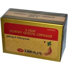 A gold and red box of Forever Young Ginseng Root Powder, 100 capsules at 500mg each, featuring root illustrations and product information, available at Fisa Health.