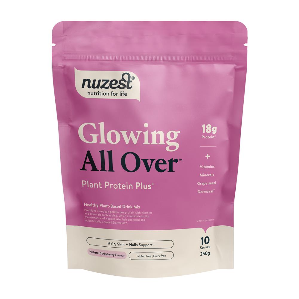 A pink pouch of Nuzest Protein Plus Glowing All Over Strawberry 300g, a plant protein drink with Dermaval and vitamins, available at Fisa Health.