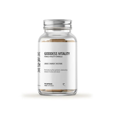 A clear bottle with a white label reading Goddess - Female Vitality Formula (90 Caps), containing beige capsules, available at Fisa Health.