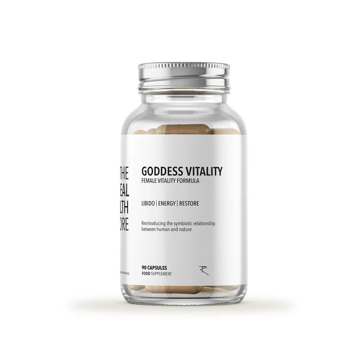 A clear bottle with a white label reading Goddess - Female Vitality Formula (90 Caps), containing beige capsules, available at Fisa Health.