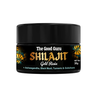 Small black jar of The Good Guru Gold Shilajit Resin with Ashwagandha - 30g, available at Fisa Health.