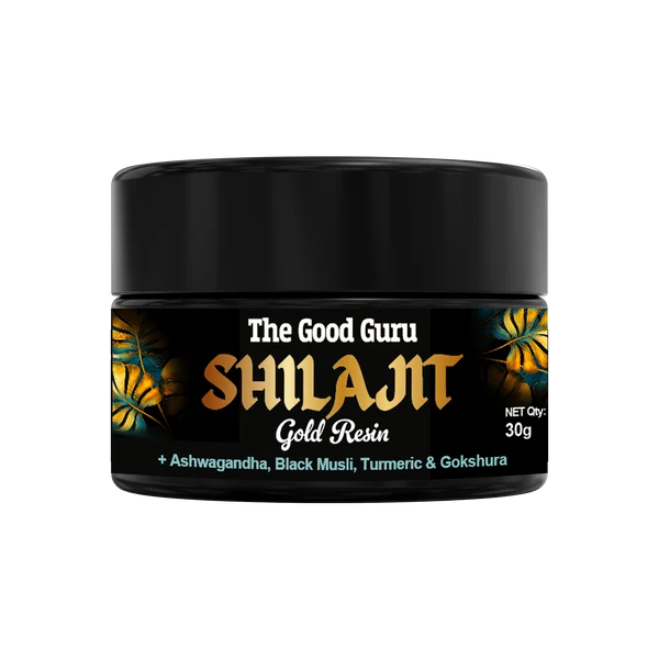 Small black jar of The Good Guru Gold Shilajit Resin with Ashwagandha - 30g, available at Fisa Health.