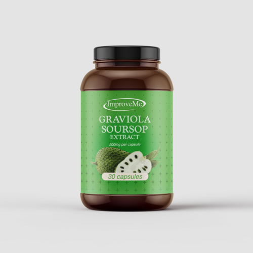 A brown ImproveMe bottle labeled “Graviola Soursop Extract Capsules 30s” is displayed with Annona muricata and 30 soursop capsules on a light gray background, available at Fisa Health.