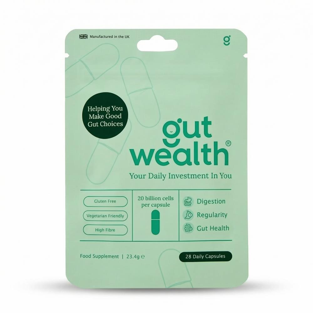 Gut Wealth 28 Capsules by Gut Wealth in a bottle; features gluten free and vegetarian labels, high fibre, contains 28 daily capsules, available at Fisa Health.
