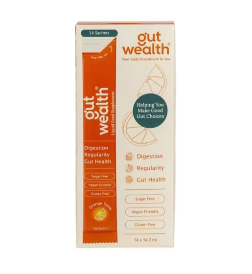 Box of 14 Gut Wealth Liquid Sachets with orange flavor text and icons, available at Fisa Health.