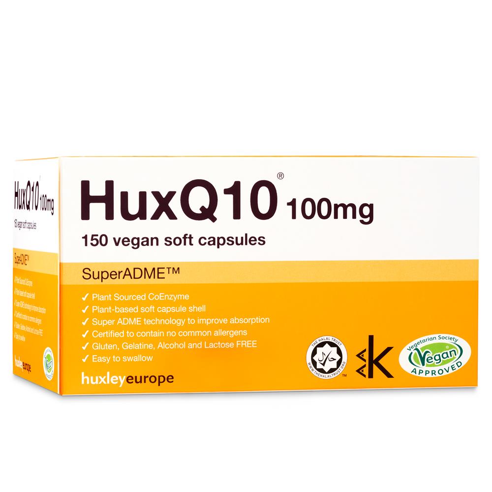 Huxley Europe HuxQ10 100mg Co Enzyme Q10, 150 vegan soft capsules in a bottle with a white and yellow label showing product details, available at Fisa Health.