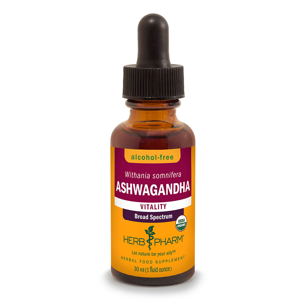 A brown dropper bottle labeled Herb Pharm Ashwagandha Glycerite 30ml, featuring an alcohol-free organic withania somnifera extract, available at Fisa Health.