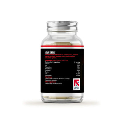 A clear Raw Sport Herbal Cleanse bottle with a silver lid, white capsules, black label, and a Made in Britain logo at the bottom, available at Fisa Health.