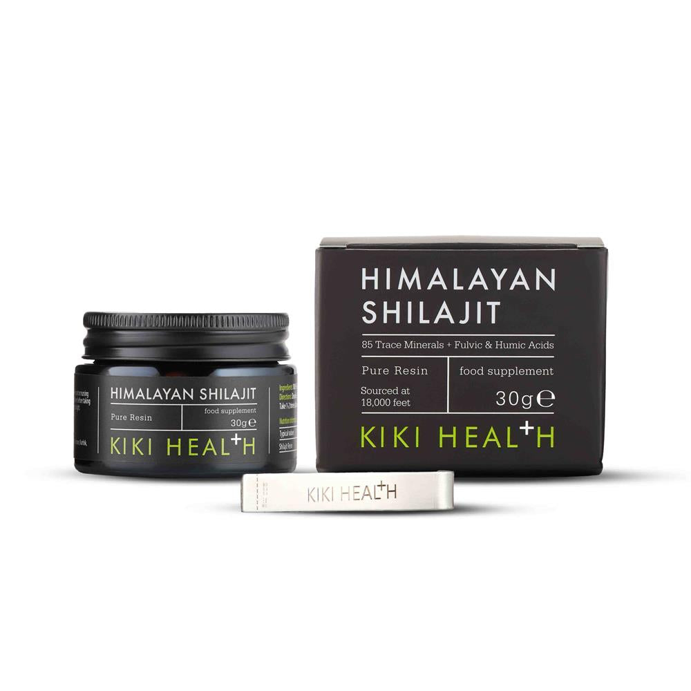 A jar, box, and spatula of KIKI Health Himalayan Shilajit - 30g are displayed on a white background, available at Fisa Health.