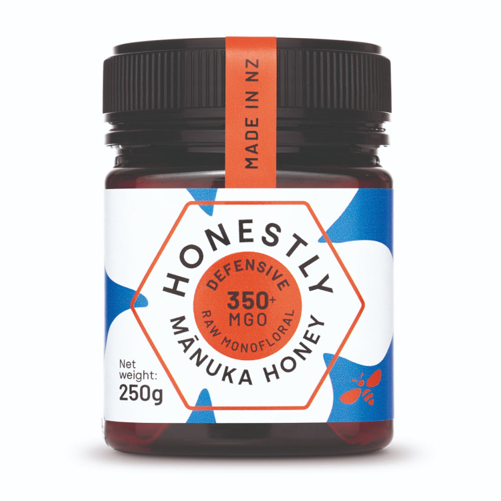 A 250g jar of Honestly Manuka Premium Raw Manuka Honey 350+ Defensive, available at Fisa Health.