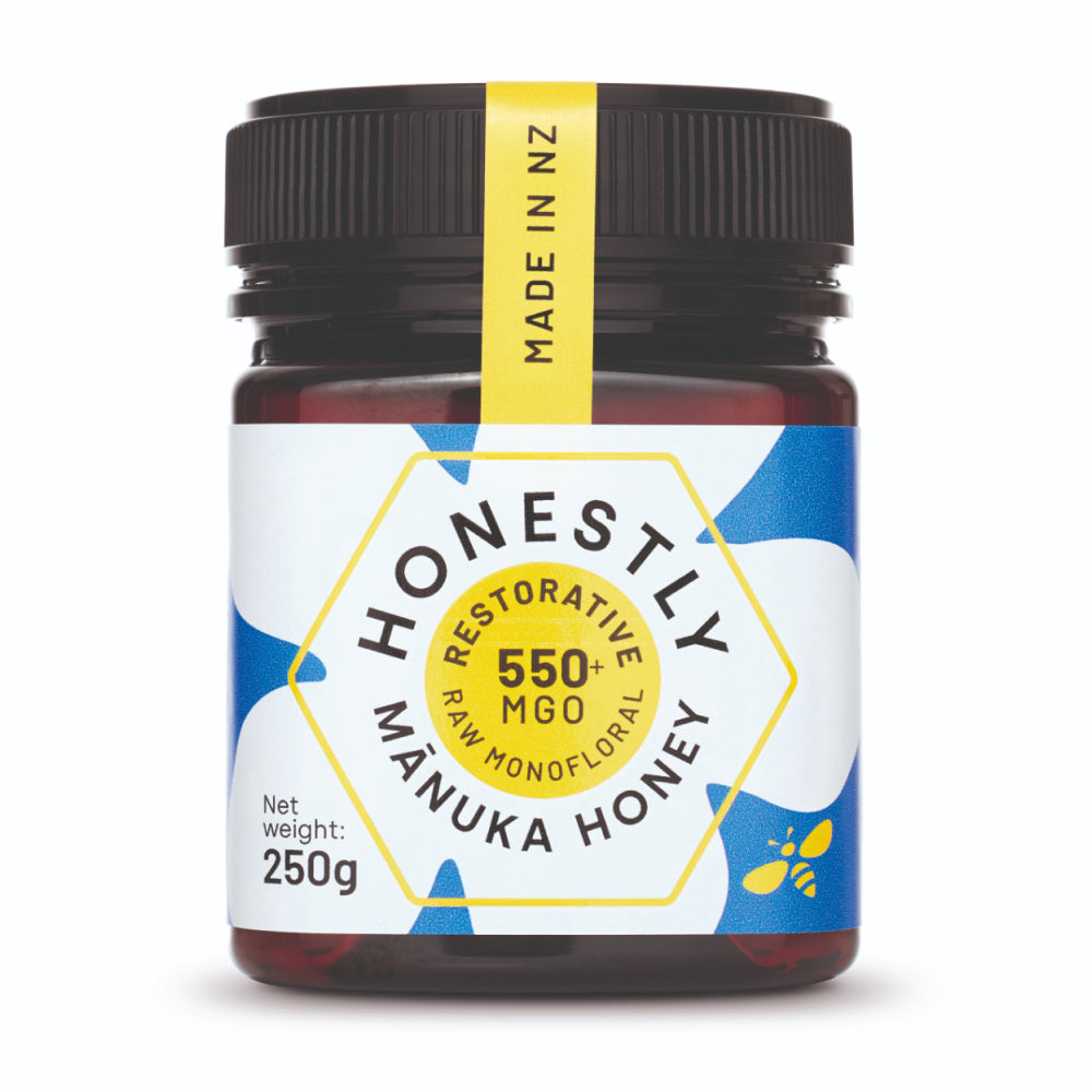 A jar of Honestly Manuka Premium Raw Manuka Honey 550+ from New Zealand, available at Fisa Health.