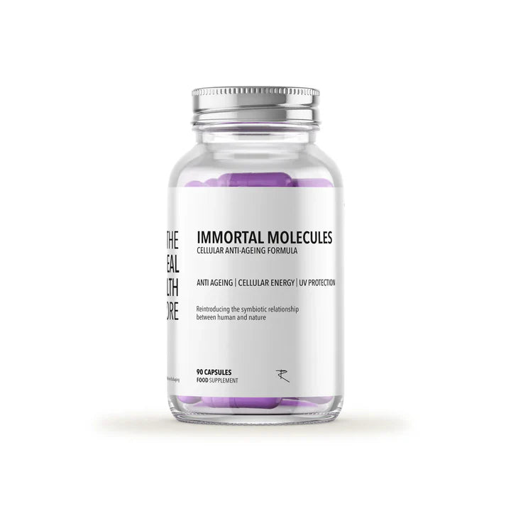 Immortal Molecules supplement bottle with 90 capsules, shown standing upright against a clean background, available at Fisa Health.