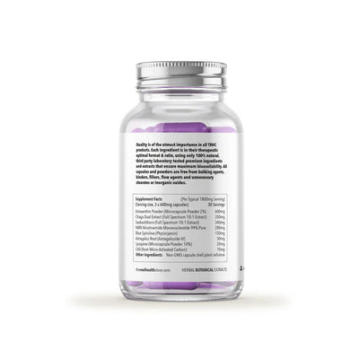 A clear bottle with a white label displays Immortal Molecules NMN capsules and supplement facts, available at Fisa Health.