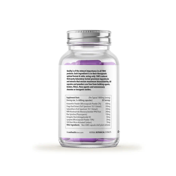A clear bottle with a white label displays Immortal Molecules NMN capsules and supplement facts, available at Fisa Health.