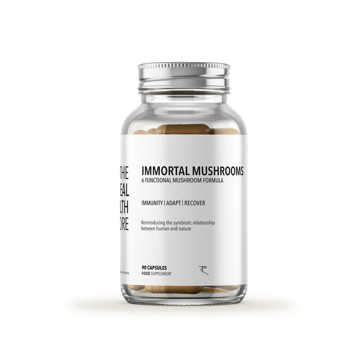 A clear bottle of Immortal Mushrooms Immune Boost (90 caps) with tan capsules inside, displayed as a food supplement, available at Fisa Health.
