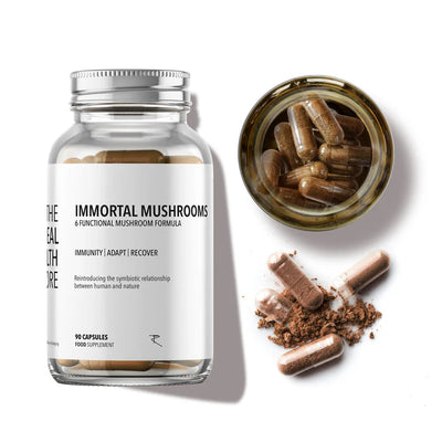 Immortal Mushrooms Immune Boost (90 caps) bottle features functional mushrooms in capsule form, with clear product labeling and branding, available at Fisa Health.