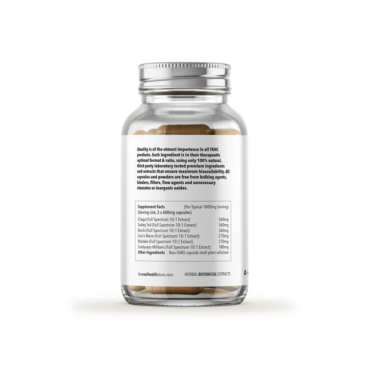 Immortal Mushrooms Immune Boost Functional Mushroom (90 Caps) in a clear bottle with a white label displaying supplement facts and product formula details, available at Fisa Health.