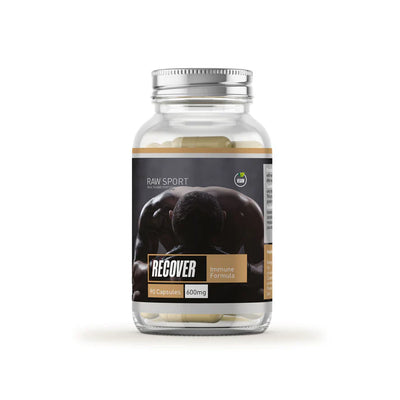 A clear bottle labeled Raw Sport Recover Immune Formula contains beige capsules, available at Fisa Health.