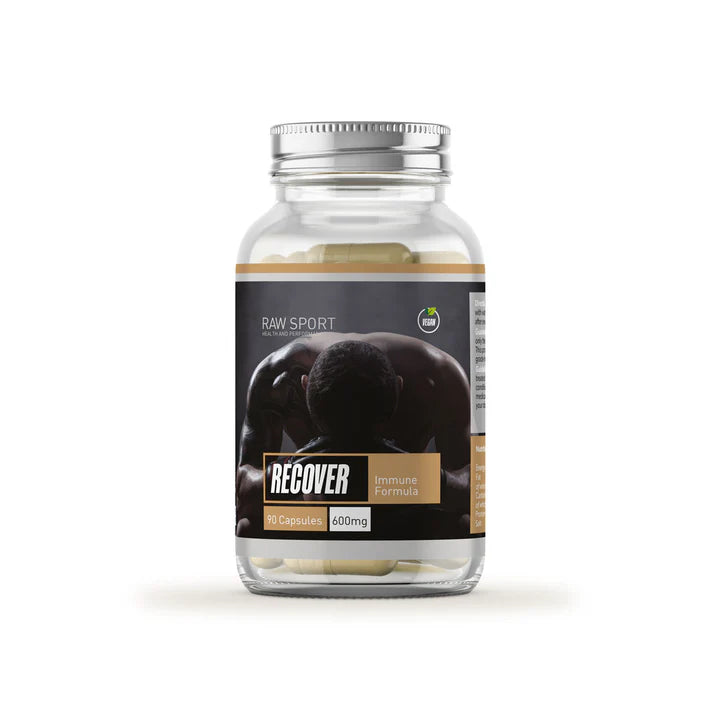 A clear bottle labeled Raw Sport Recover Immune Formula contains beige capsules, available at Fisa Health.