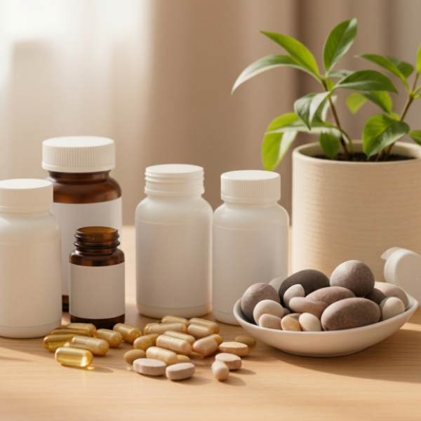 Immune Boost Bundle supplements in white and brown bottles, along with capsules, displayed on a wooden table beside a potted plant, available at Fisa Health.