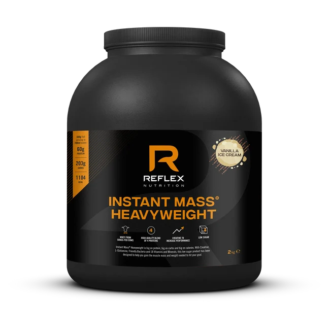 Reflex Nutrition Instant Mass Heavyweight 2kg, vanilla ice cream flavor, shown in a black tub with product label visible, available at Fisa Health.