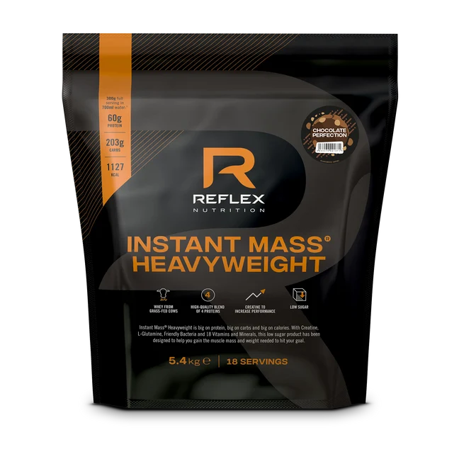 Reflex Nutrition Instant Mass Heavyweight 5.4kg protein shake, chocolate flavor, in a black and orange bag with 18 servings; front displays nutrition facts, available at Fisa Health.