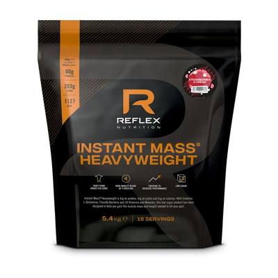 A 5.4kg Reflex Nutrition Instant Mass Heavyweight protein powder bag in black and orange with branding and product details on the front, available at Fisa Health.
