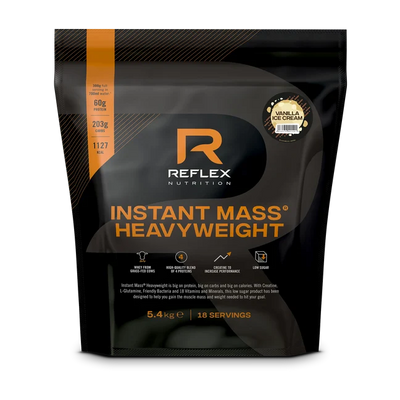 Reflex Nutrition Instant Mass Heavyweight 5.4kg in vanilla ice cream flavor with 18 servings, packaging displays nutrition information on the front, available at Fisa Health.