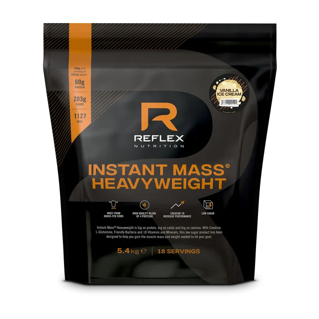 Reflex Nutrition Instant Mass Heavyweight 5.4kg in vanilla ice cream flavor with 18 servings, packaging displays nutrition information on the front, available at Fisa Health.