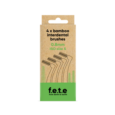 A cardboard box labeled F.E.T.E. Bamboo Interdental Brushes, 4 x 0.8mm (ISO size 5), with eco-friendly oral care symbols and illustrations, available at Fisa Health.