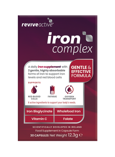Front of a Revive Active Iron Complex box showing product branding and ingredients, including iron bisglycinate. Available at Fisa Health.
