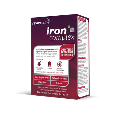Revive Active Iron Complex with iron bisglycinate, vitamin C, and folate shown in purple and white packaging. Brand name: FISA Health. Product name: Revive Active Iron Complex. Available at Fisa Health.