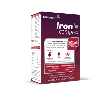 Box of Revive Active Iron Complex, showing iron bisglycinate, Vitamin C, and Folate on the packaging; available at Fisa Health.