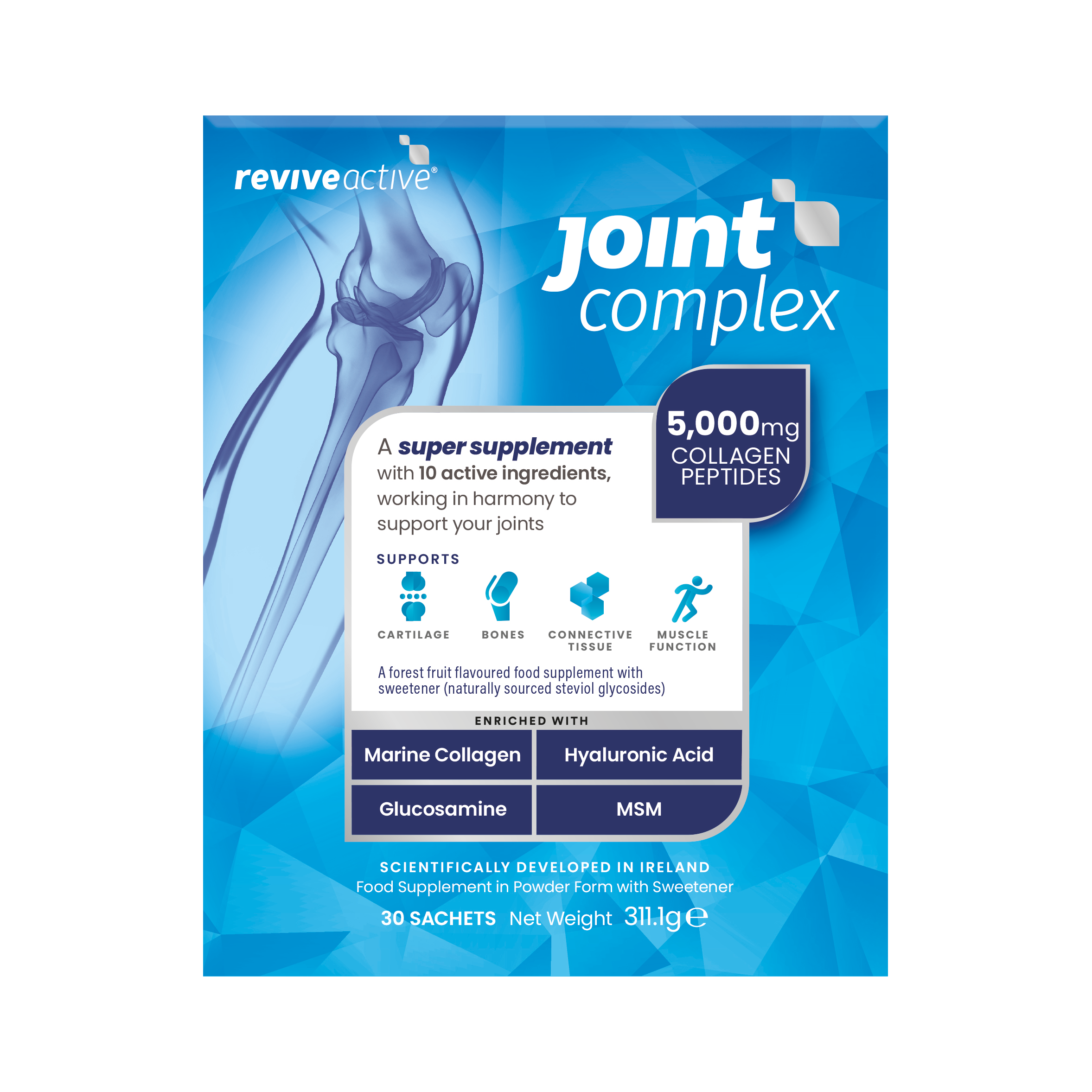 Revive Active Joint Complex box with 30 sachets, each containing 5,000mg marine collagen. Product packaging displays ingredient details and branding, available at Fisa Health.