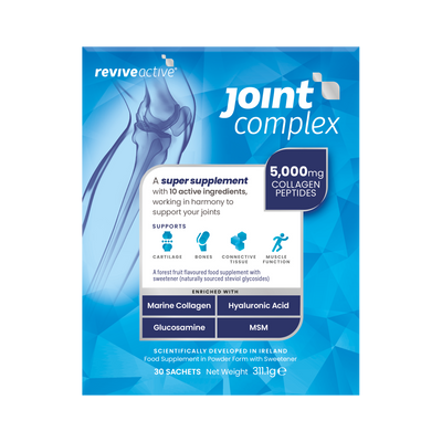 Revive Active Joint Complex box with 30 sachets, each containing 5,000mg marine collagen. Product packaging displays ingredient details and branding, available at Fisa Health.