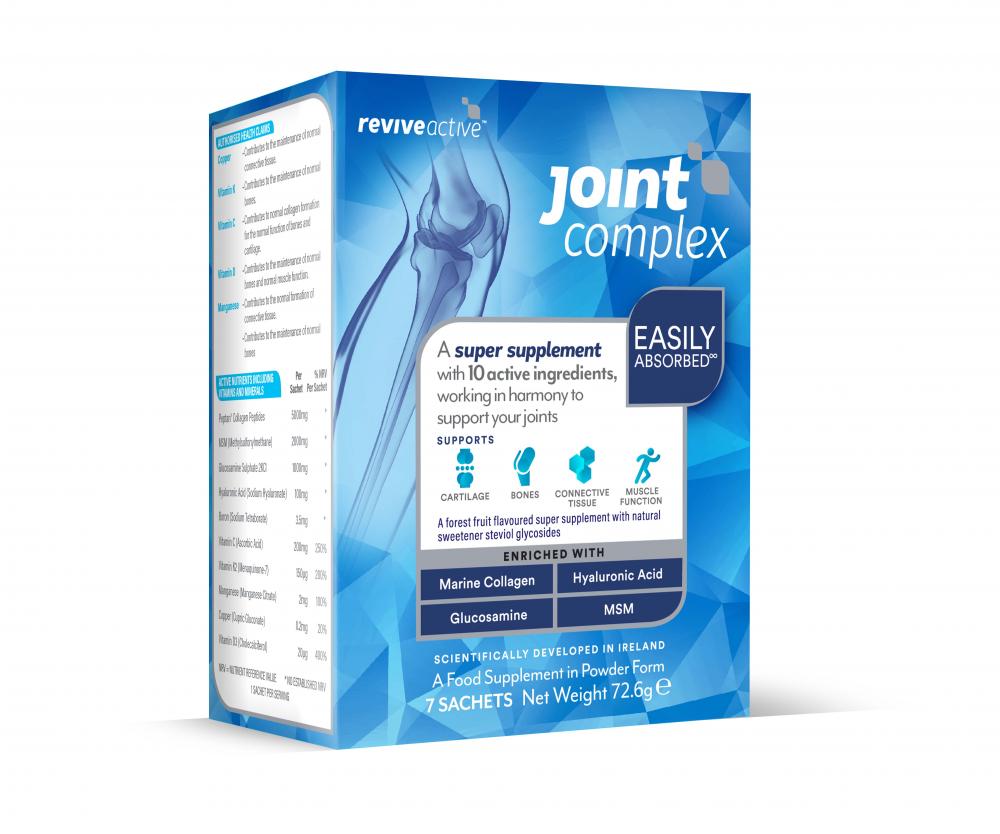 Revive Active Joint Complex by Revive shown in blue and white packaging with a knee joint graphic, highlighting marine collagen, glucosamine, and hyaluronic acid, available at Fisa Health.