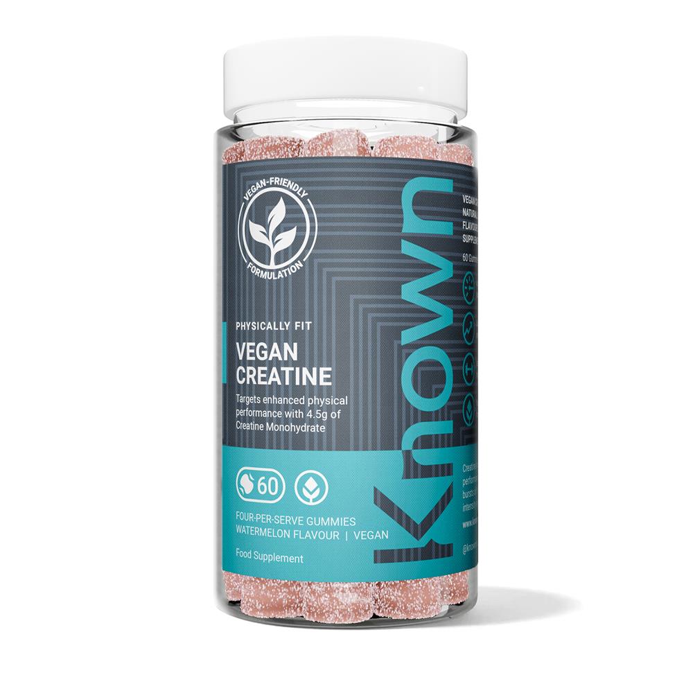 Clear plastic bottle filled with Known Nutrition Vegan Creatine Gummies - 60 pack - 4.5g creatine monohydrate, available at Fisa Health.