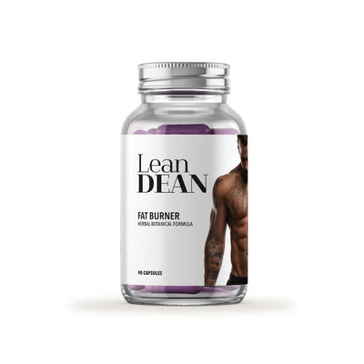 A bottle of Lean Dean Fat Burner with 90 purple capsules and an image of a muscular, shirtless man on the label, available at Fisa Health.