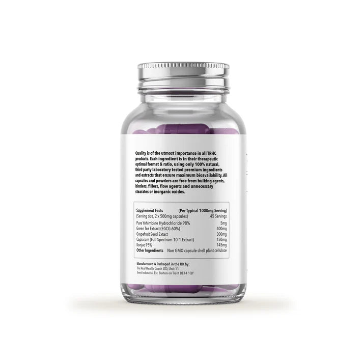 A transparent bottle of Lean Dean Fat Burner with purple capsules and a white label featuring supplement facts in black text, available at Fisa Health.
