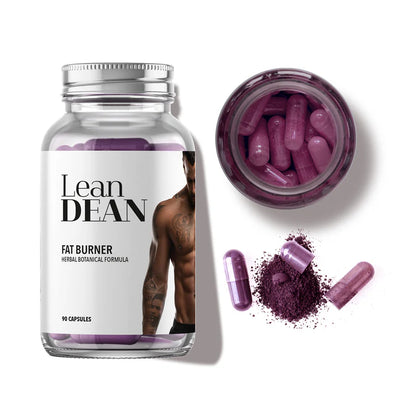 A bottle of Lean Dean Fat Burner with purple capsules is shown next to an open jar and some spilled powder on a white surface, available at Fisa Health.